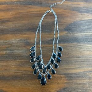 Black Teardrop Tiered On Silver Chain
